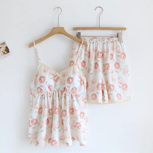 2026带胸垫粉玫瑰碎花睡衣女夏季吊带短裤套装纯欲风可外穿家居服