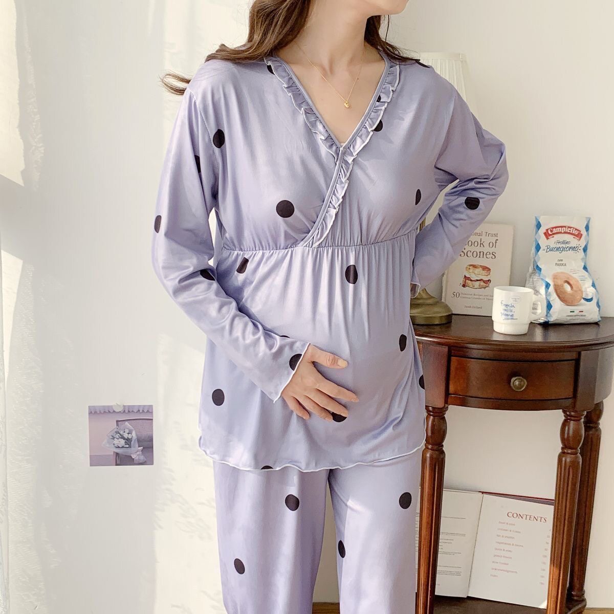 V领哺乳家居服套装产后月子服