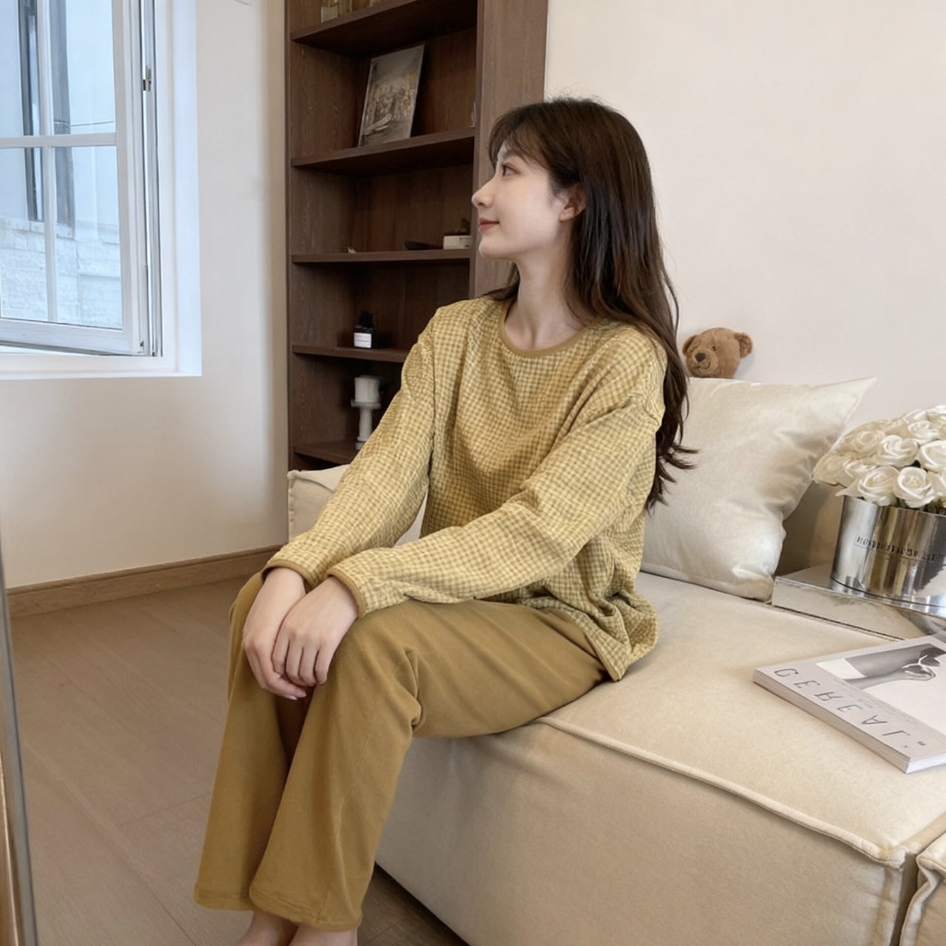 德绒格子睡衣女四季长袖家居服