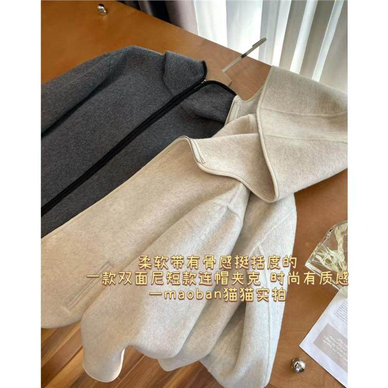 元版升JI~细节党入！休闲风莱赛尔羊毛连帽双面呢拉链保暖外套女