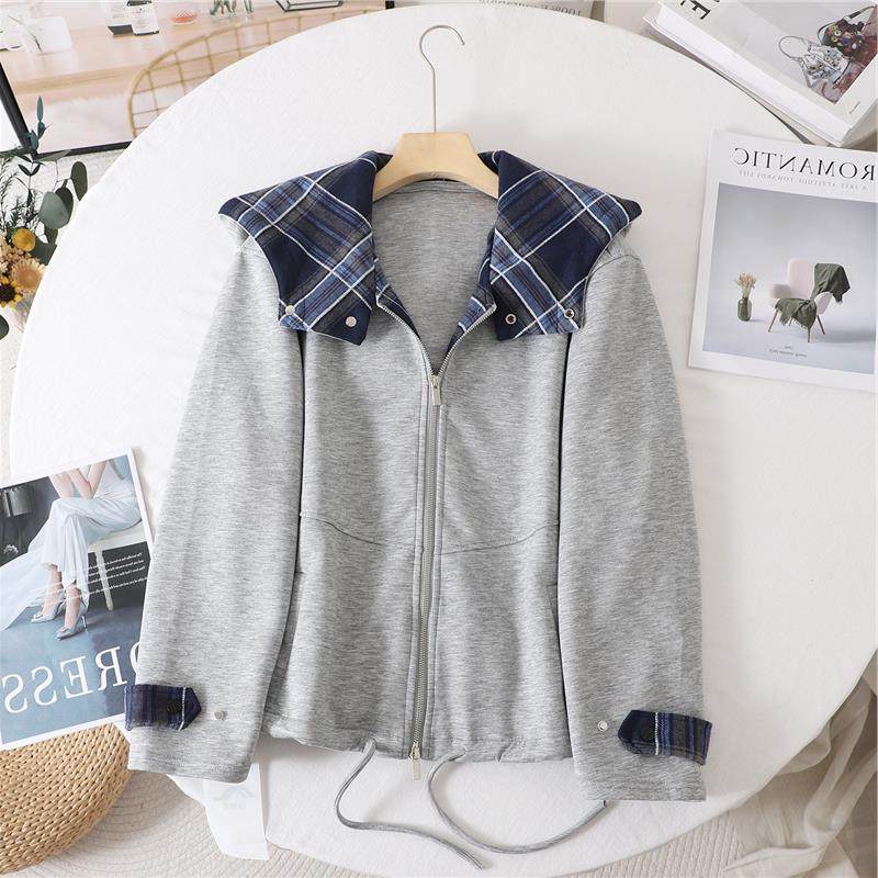格纹拼接连帽假两件灰色卫衣外套女2025秋季减龄学院风小个子上衣