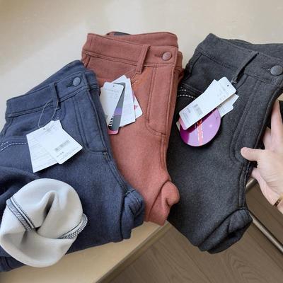 出口日本订单 劈叉的弹力 24秋冬女士加绒小直筒休闲裤女