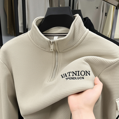 华夫格高端立领加绒卫衣男秋冬男装半拉链刺绣长袖T恤一体绒套头