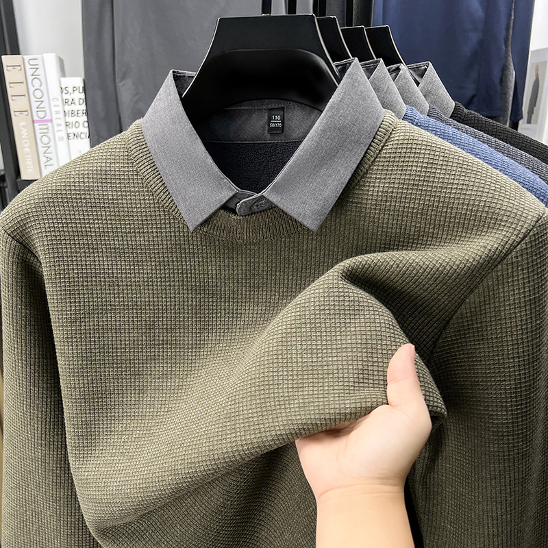 华夫格加绒加厚羊毛假两件毛衣男