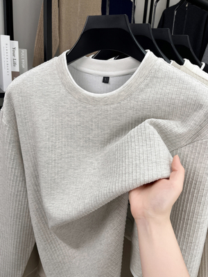 假两件圆领卫衣男款秋冬季肌理感加厚套头上衣服宽松t恤长袖纯色