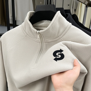 半拉链加绒加厚卫衣男冬季保暖休闲t恤男长袖立领男装打底衫外套