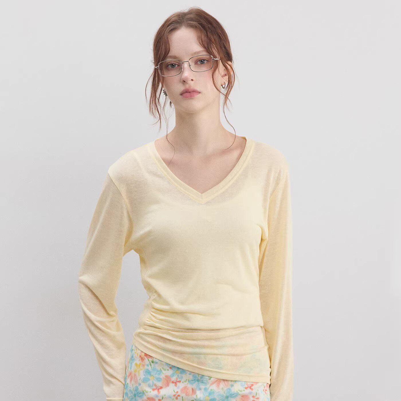 BZXO简约奶黄色v领针织衫t恤女长袖夏季新款收腰显瘦上衣防晒罩衫