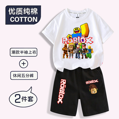 roblox衣服男童短袖T恤短裤套装夏季儿童罗布乐思服装男孩竞争者T
