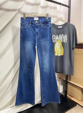 美系新款FD高腰修身高弹力深蓝色喇叭牛仔长裤女显腿长绝了笔入款