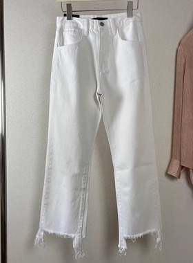 JB美系毛边拉丝九分牛仔裤女显瘦白色高腰小直筒裤脚不规则无弹