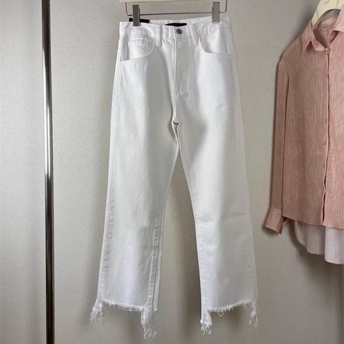 高腰直筒九分牛仔裤不规则毛边