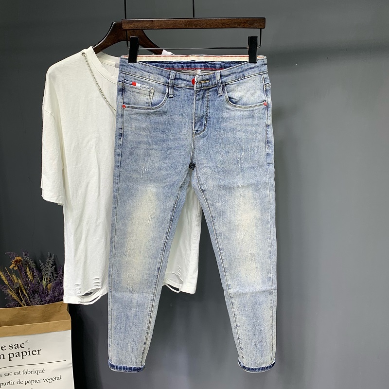 浅色牛仔裤男士秋冬潮牌休闲复古水洗韩版潮流百搭修身小脚九分裤
