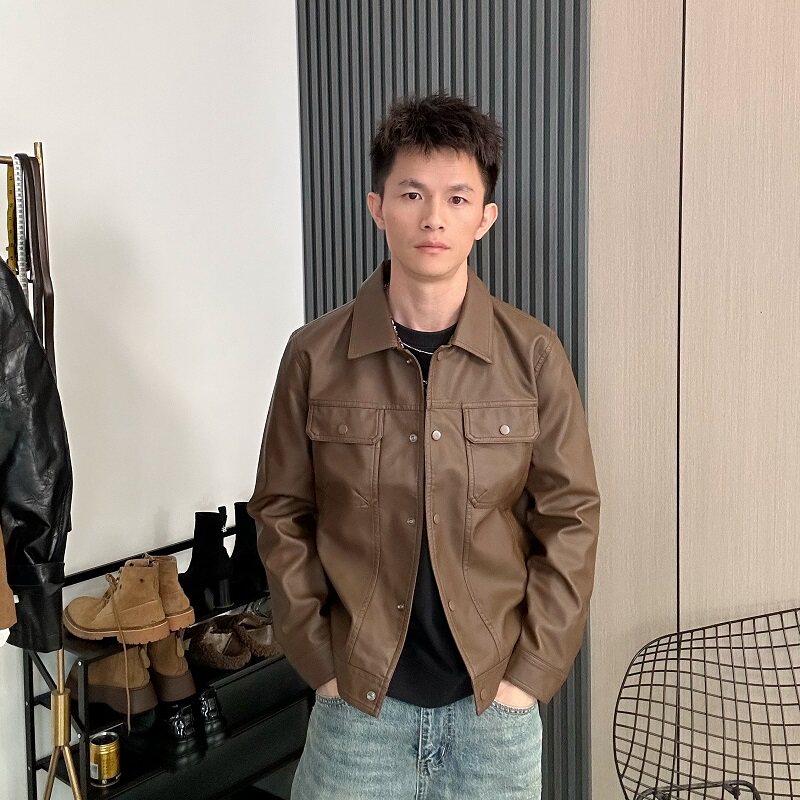 2025冬季高端轻奢加绒男士皮衣修身翻领休闲百搭痞帅机车服外套男