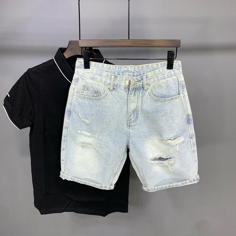 浅色牛仔短裤男2025夏季新款刮烂破洞水洗修身小脚休闲弹力五分裤