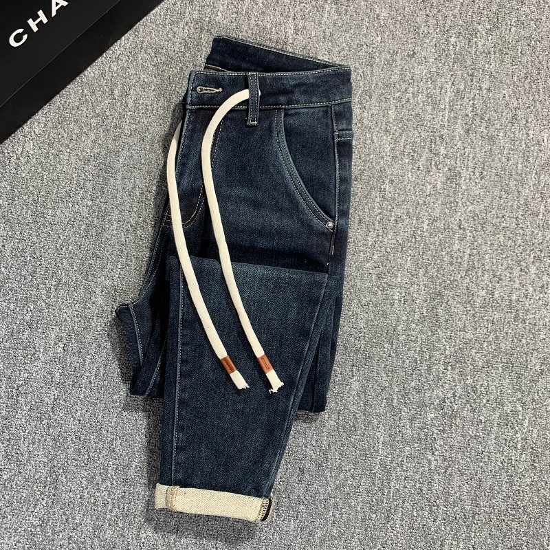 抽绳牛仔裤男士高端水洗斜插口袋修身显瘦弹力潮流休闲裤子男长裤