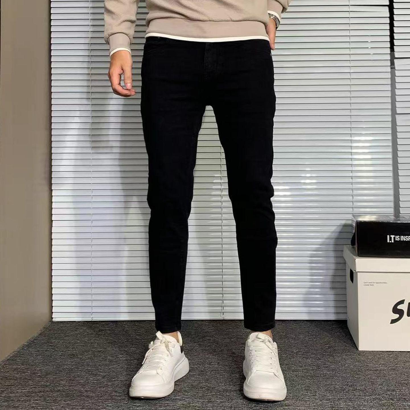 纯黑色修身牛仔裤男小脚九分裤子