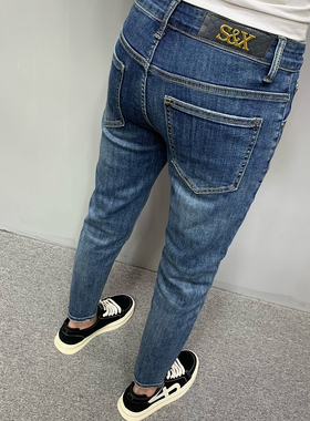 男士九分牛仔裤男水洗蓝色修身小脚夏季潮流韩版百搭弹力小脚裤男