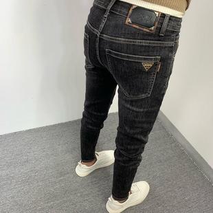 男2026春秋新款 休闲长裤 高端潮流刺绣修身 韩版 子 小脚裤 黑色牛仔裤