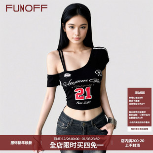 T恤夏运动风收腰露背上衣女 复古黑色字母印花斜肩短袖 FUNOFF 美式