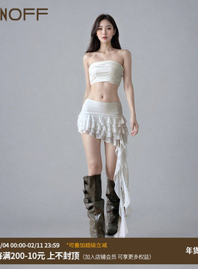 FUNOFF 度假风白色荷叶边不规则半身裙女性感海边穿搭蛋糕裙短裙