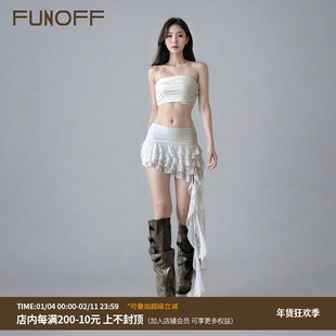 FUNOFF 度假风白色荷叶边不规则半身裙女性感海边穿搭蛋糕裙短裙