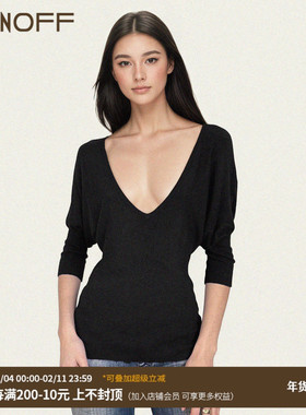FUNOFF美式复古黑色V领蝙蝠长袖针织中袖2025秋低胸性感收腰上衣