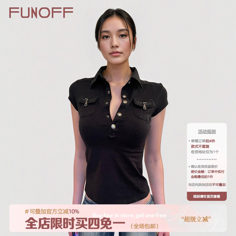 美式复古黑色POLO领口袋短袖衬衫