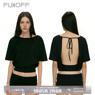 2026夏收腰两件套装 上衣低腰短裤 简约黑色露背系带中袖 FUNOFF美式