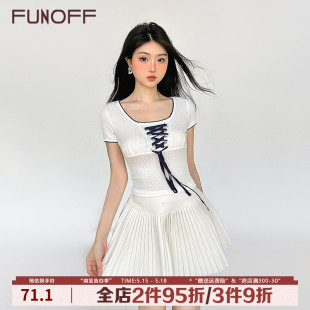 t恤法式 基础收腰修身 少女撞色蕾丝拼接绑带蝴蝶结短袖 FUNOFF 上衣