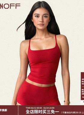 FUNOFF 美式运动风红色吊带背心上衣超短低腰热裤居家两件套装女