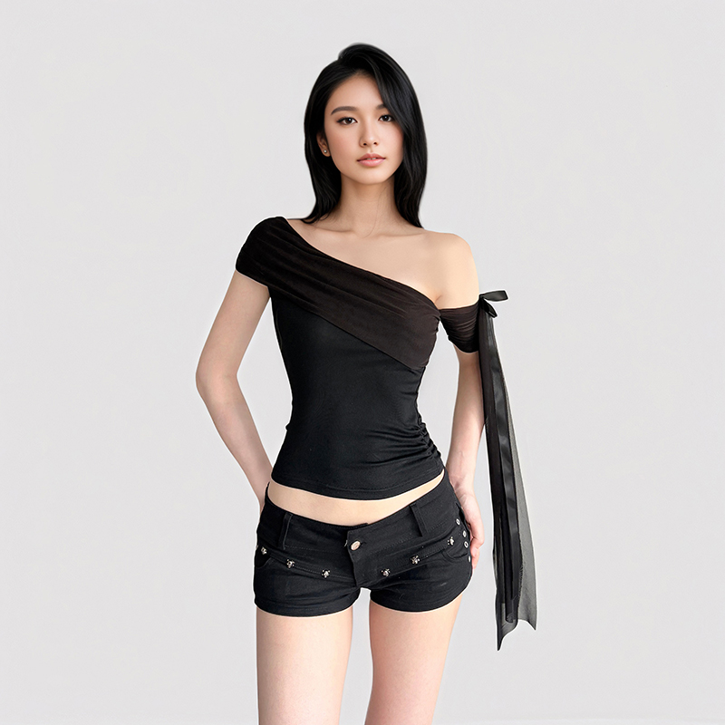美式简约黑色网纱斜肩飘带T恤夏
