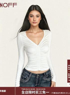 FUNOFF 美式简约白色V领褶皱长袖T恤街头性感低胸收腰打底上衣女