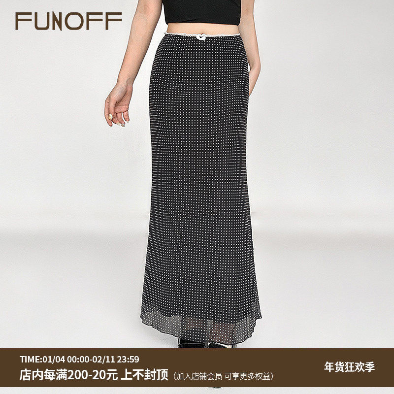 FUNOFF 高智感miu系蕾丝拼接波点网纱半身裙简约修身黑色显瘦长裙,女装/女士精品,半身裙,淘宝优惠券,粉丝福利购,淘宝优惠卷