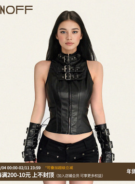 FUNOFF美式街头黑色皮革拉链金属扣无袖背心轻亚朋克街舞收腰上衣