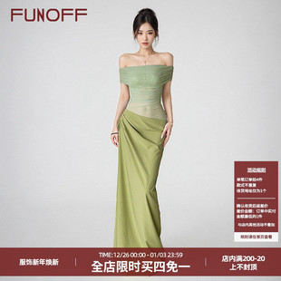 FUNOFF性感辣妹网纱一字肩露腰连衣裙小众设计感微透拖地鱼尾长裙