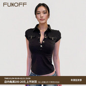 美式 复古黑色POLO领口袋短袖 衬衫 FUNOFF 辣妹翻领收腰短袖 T恤上衣
