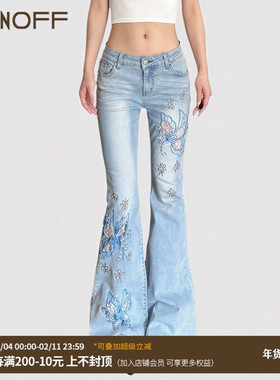 FUNOFF 美式复古浅蓝色刺绣微喇低腰牛仔裤亚文化蕾丝拼接休闲裤