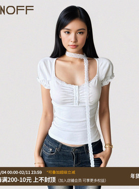 FUNOFF 法式少女感白色蕾丝低胸短袖T恤复古黑色方领围脖收腰上衣