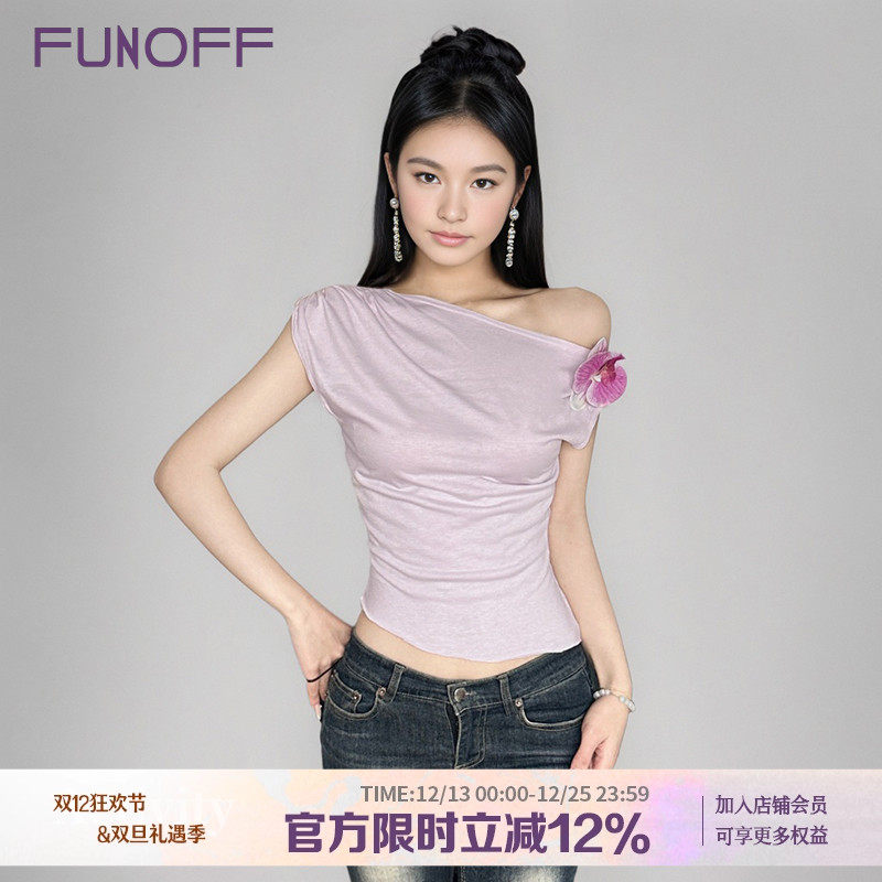 东南亚度假风立体花卉斜肩短袖T