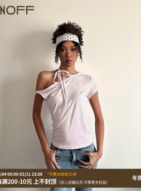 FUNOFF 美式复古淡粉色波点斜肩绑带短袖T恤简约百搭露肩收腰上衣