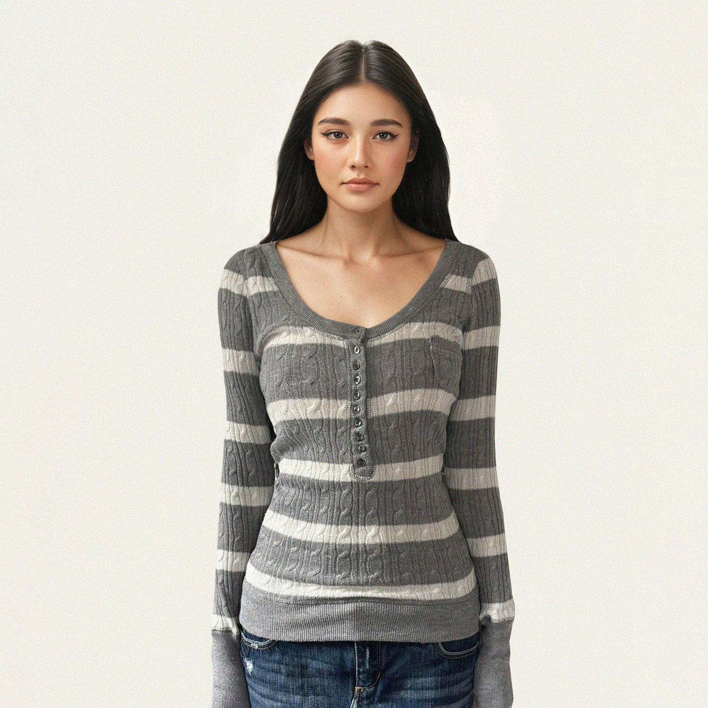 FUNOFF 美式复古灰白条纹排扣V领长袖毛织上衣秋冬低胸收腰打底衫