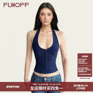 FUNOFF 复古深蓝色挂脖拉链吊带背心运动风性感低胸收腰上衣 美式