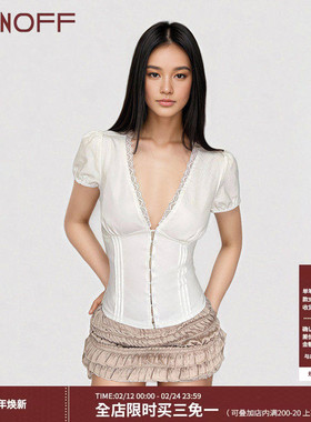 FUNOFF 法式bm风白色V领低胸泡泡袖衬衫性感蕾丝排扣收腰短袖上衣