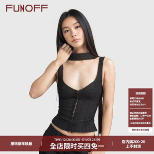 FUNOFF 上衣 简约黑色方领围脖收腰吊带背心性感分割胸型勾扣修身