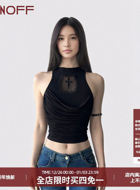 FUNOFF 美式街头黑色荡领十字架无袖背心复古亚文化露脐收腰上衣