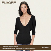 针织中袖 FUNOFF美式 复古黑色V领蝙蝠长袖 2025秋低胸性感收腰上衣