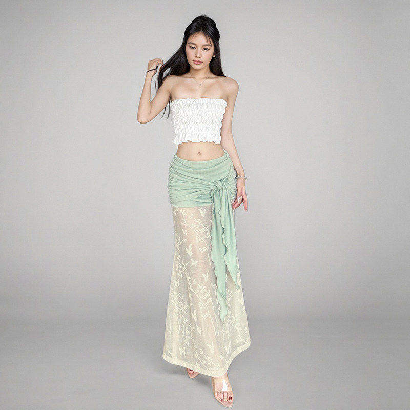 FUNOFF 新中式绿色蕾丝绑带透视半身裙复古性感褶皱低腰鱼尾长裙