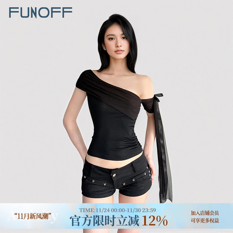 美式简约黑色网纱斜肩飘带T恤夏