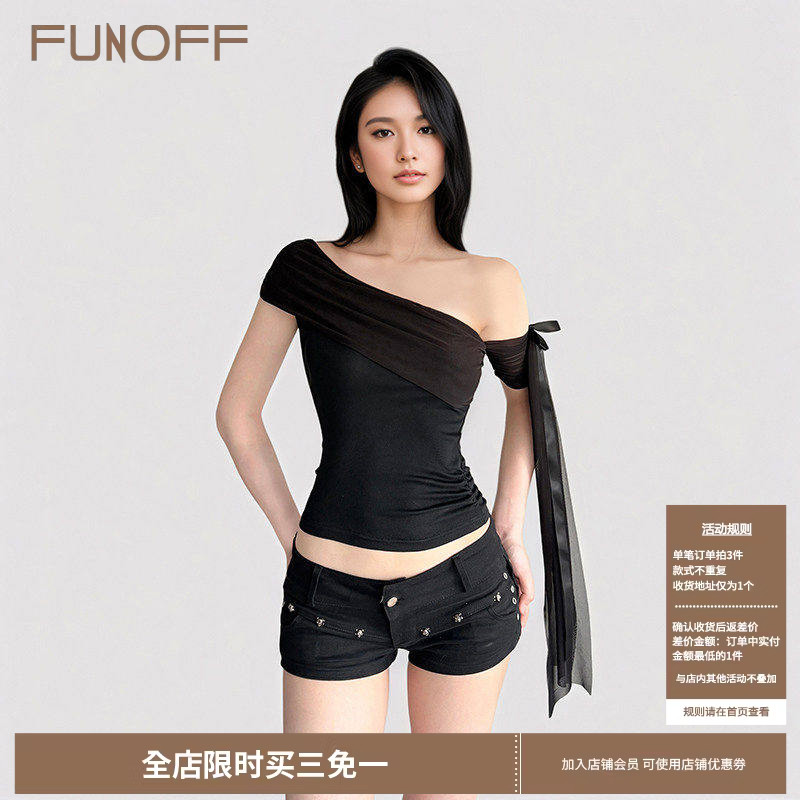 FUNOFF 美式简约黑色网纱斜肩飘带T恤设计感白色一字肩针织上衣夏