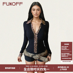 衬衫 复古黑色豹纹拉链POLO领长袖 性感低胸收腰T恤上衣 美式 FUNOFF